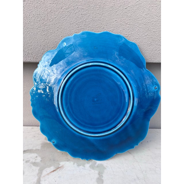 1950s Large French Mid-Century Majolica Blue Flower Platter Charolles For Sale - Image 5 of 5