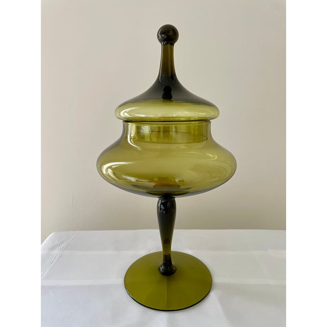 1960s Olive Green Hand Blown Art Glass Compote For Sale - Image 4 of 4