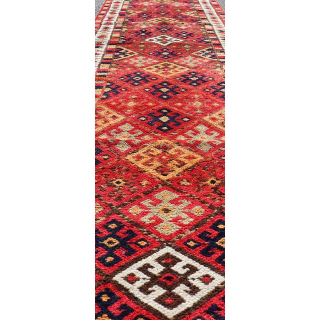 1950s Vintage Turkish Oushak Runner With Medallions in Red and Multi Colors 2'10 X 14'0 For Sale - Image 5 of 10