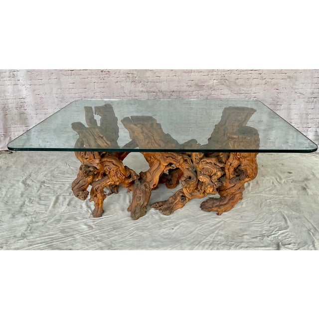 Contemporary Vintage Sculptural Natural Burlwood Root Dining Table With Rectangular Glass Top For Sale - Image 3 of 18