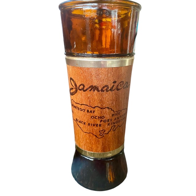 Vintage Jamaica Amber Glass Tumblers With Mahogany Sleeves – Mid-Century Tiki Barware, Set of 4 For Sale - Image 4 of 8