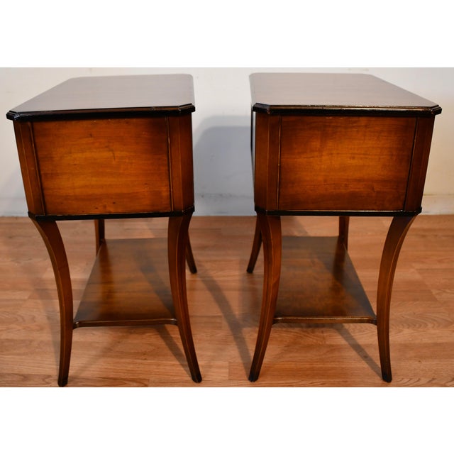 1940s Shaw Decorating Corp English Regency Satinwood Pair Side Tables End Tables For Sale - Image 11 of 14