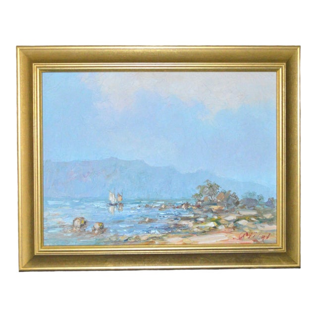 Early 20th Century Blue Water Landscape Oil on Canvas Painting Plein Air Gold Frame For Sale