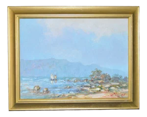 Early 20th Century Blue Water Landscape Oil on Canvas Painting Plein Air Gold Frame
