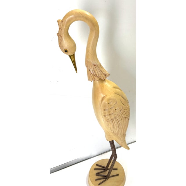 Pair Italian Hollywood Regency Carved Wood, Brass & Iron Heron Sculptures, C1980 For Sale - Image 9 of 11