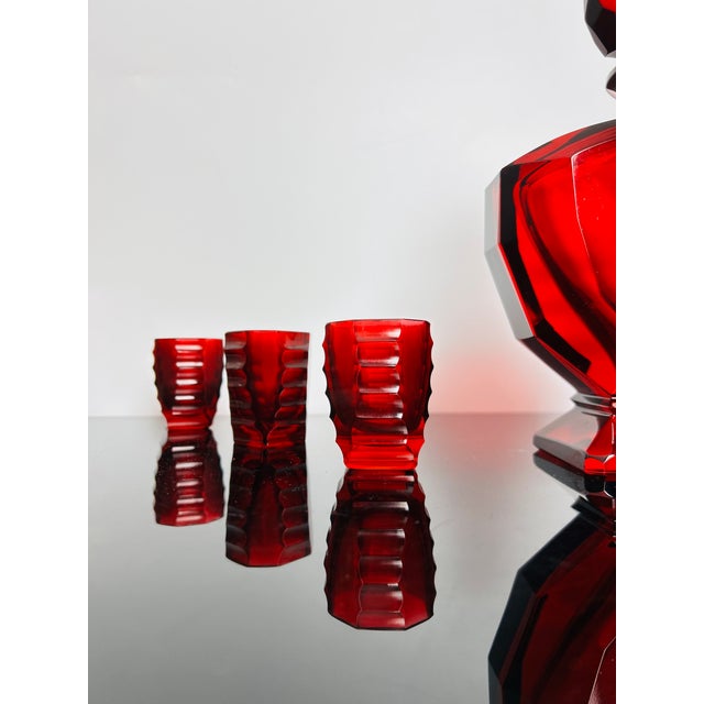 Art Deco Ruby Red Glass Decanter with Six Shot Glasses from Moser, Czechoslovakia, 1930, Set of 7 For Sale - Image 9 of 12