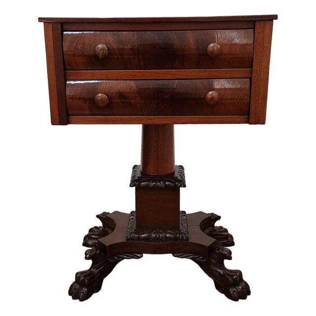 Antique Solid and Flame Mahogany American Empire Side Table or Work Table Circa 19th Century For Sale