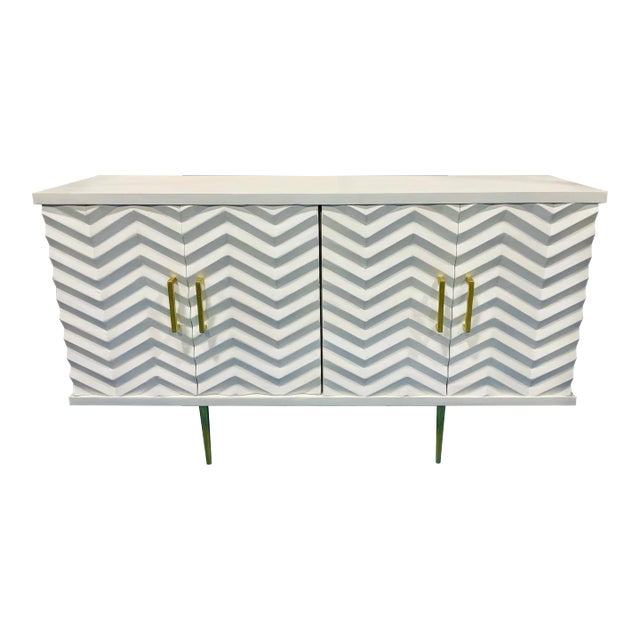 Modern White Carved Wood Herringbone Credenza For Sale