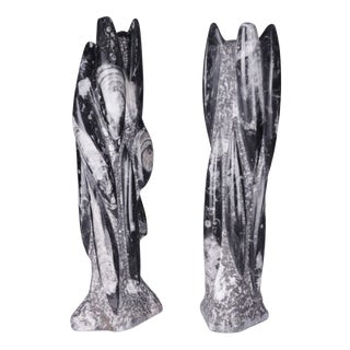 Hand-Carved Orthoceras Fossil Sculptures in Black Limestone, Morocco, Set of 2 For Sale