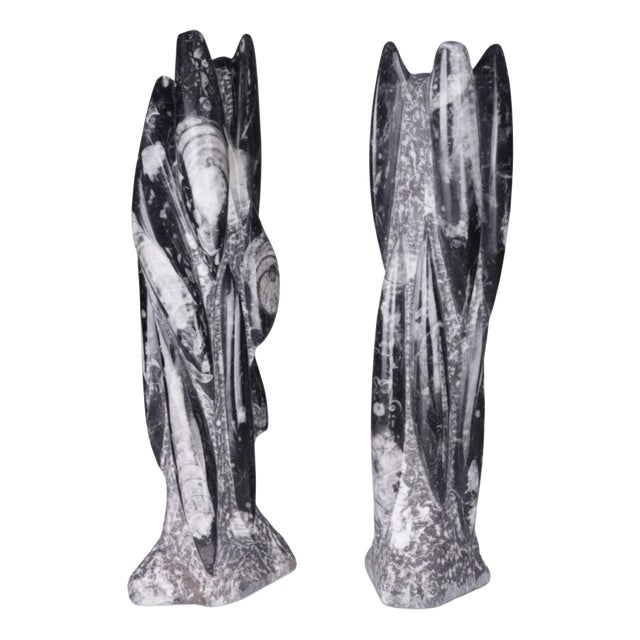 Hand-Carved Orthoceras Fossil Sculptures in Black Limestone, Morocco, Set of 2 For Sale