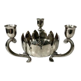 Mid-Century Chinoiserie Hollywood Regency Lotus Flora Centerpiece Vase With Three Candleholders For Sale