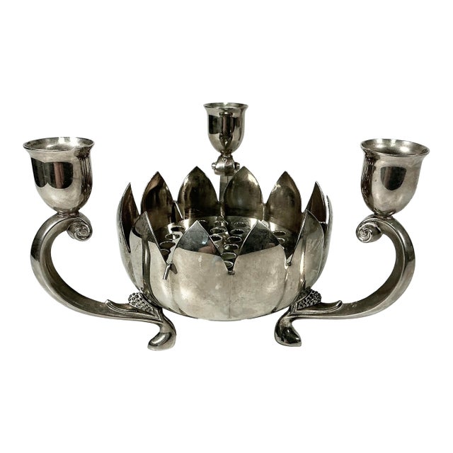 Mid-Century Chinoiserie Hollywood Regency Lotus Flora Centerpiece Vase With Three Candleholders For Sale