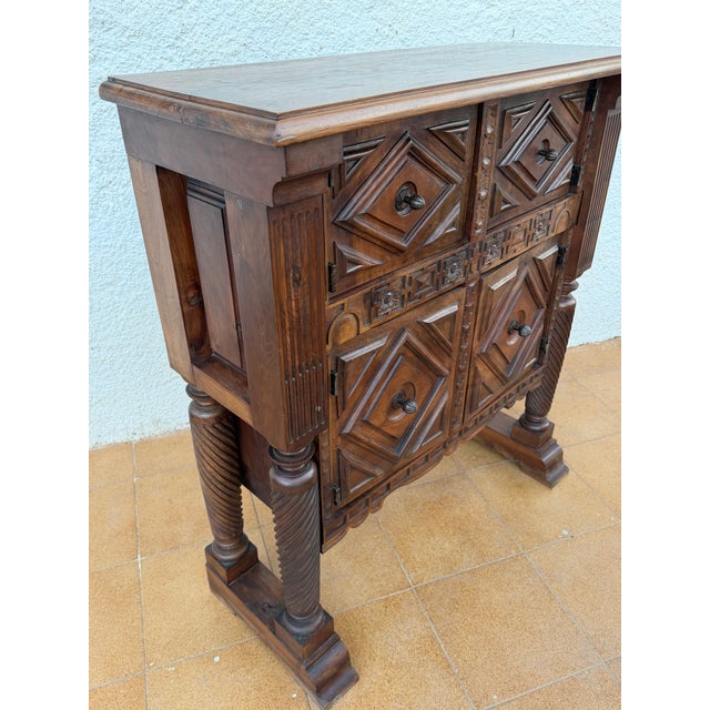 Early 20th Century Rare Spanish Carved Walnut Sideboard With Geometric Panels and Spiral Columns For Sale - Image 12 of 15