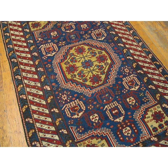 1920s Blue Geometric Antique Caucasian Rug 3'6" X 4'10" Handknotted Wool Carpet For Sale - Image 4 of 6