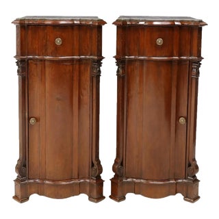 Pair of Antique Italian Marble Top Nightstand Side Cabinets For Sale