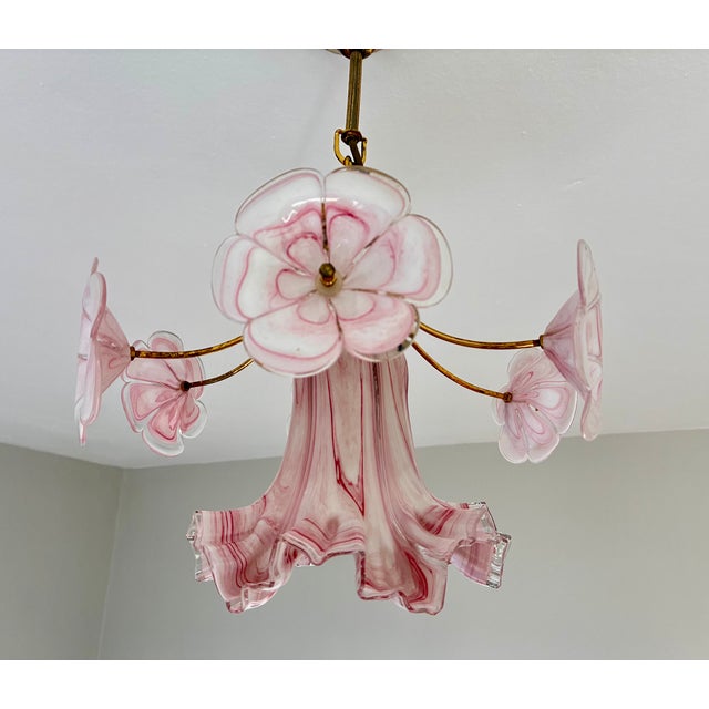 Vintage Murano Glass Ruffled Floral Pendant Light – Pink Swirl & Daisy Shades For Sale - Image 13 of 18