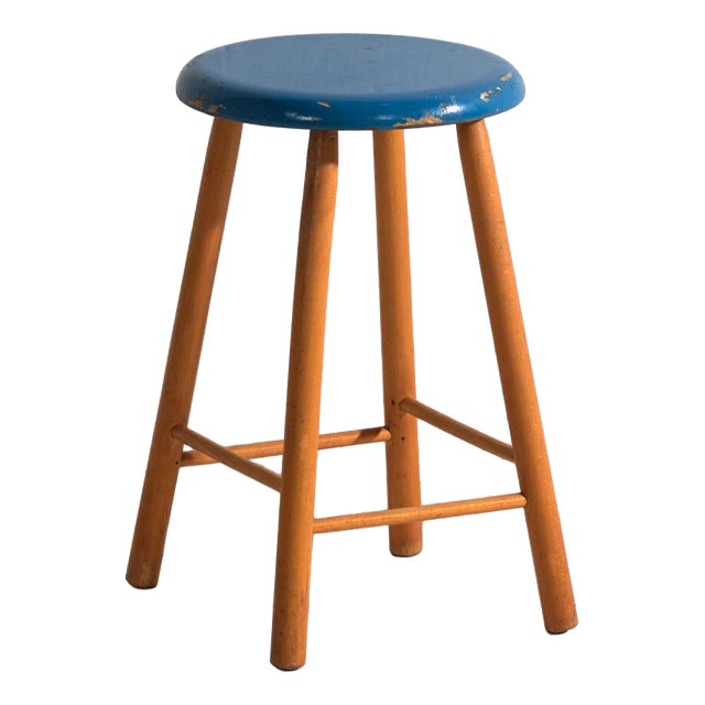 Vintage Wooden Stool with Round Seat, Central Europe, 1950 For Sale