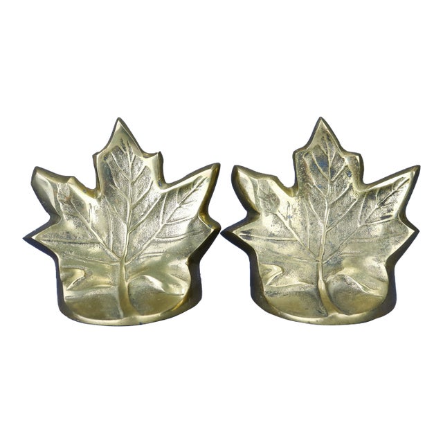 Pair of Vintage Brass Maple Leaf Bookends For Sale