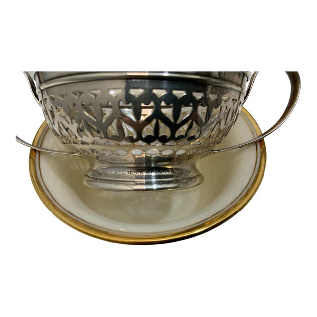 American Antique Gorham Sterling Silver Pierced Bouillon Cup Holders With Lenox Porcelain Liners America - 24 pcs For Sale - Image 3 of 5