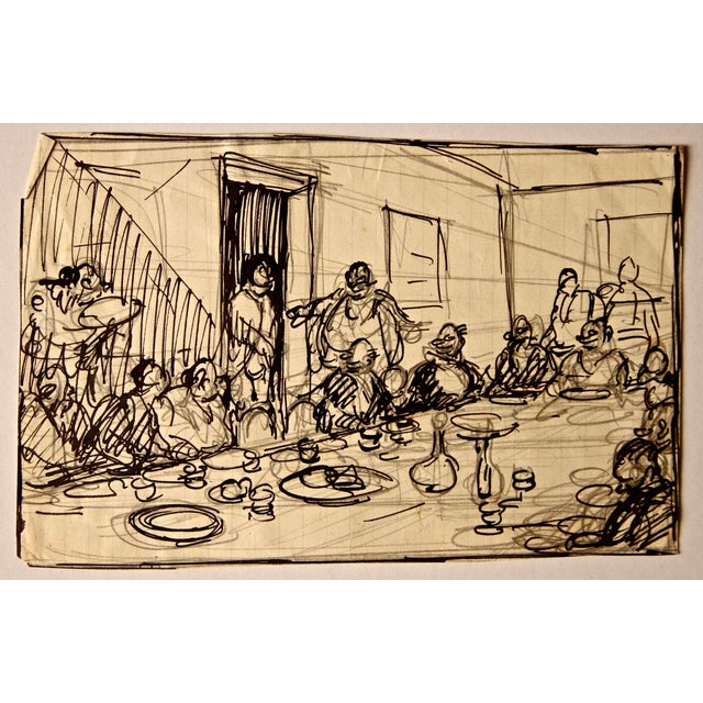 Gabriele Galantara, The Dinner, 1910, Ink and Pencil on Paper For Sale