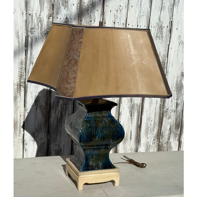 Blue 1940s Monumental Square Hollywood Regency Blue Multicolor Large Lamp Style After Fortuny & Parchment Shade For Sale - Image 8 of 18