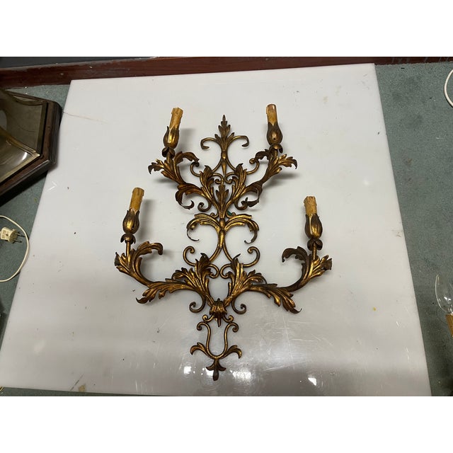 Large Tole Florentine Gold Gilded Sconces, 1960s, Set of 2 For Sale - Image 9 of 12