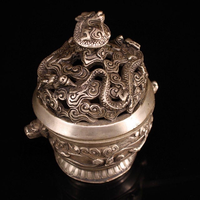 Silver Vintage Silver-Plated Bronze Incense Burner With Dragon Lid - Asian Censer For Sale - Image 8 of 8