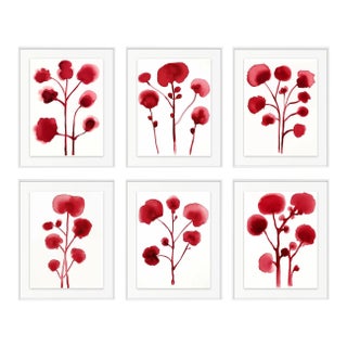 Set of 6 - 15" by 19.9" White Wood or Natural Wood Framed Original Botanical Watercolor Flower Prints Installation in the Style of Louise Bourgeois For Sale