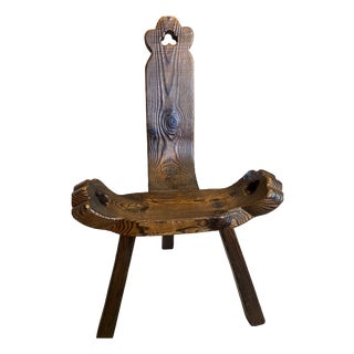 Vintage Brutalist Tripod Chair in Carved Wood, 1970s For Sale