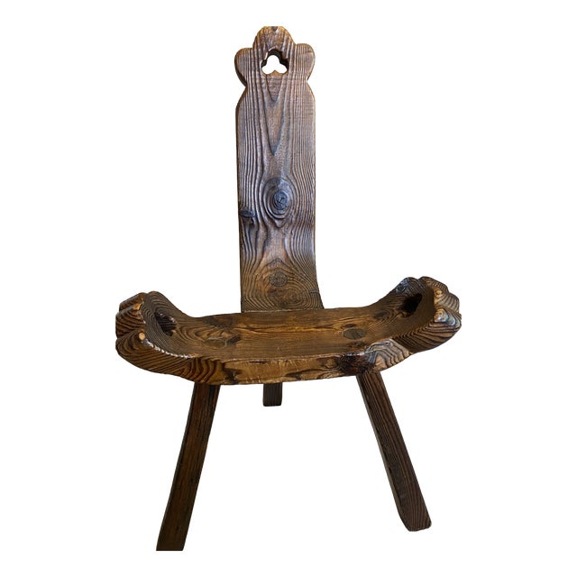 Vintage Brutalist Tripod Chair in Carved Wood, 1970s For Sale