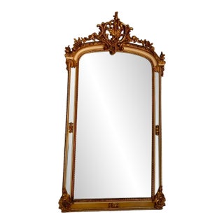 French Louis XV Style Gold Leaf Wall Mirror With Ornate Carved Frame & Decorative Pediment For Sale