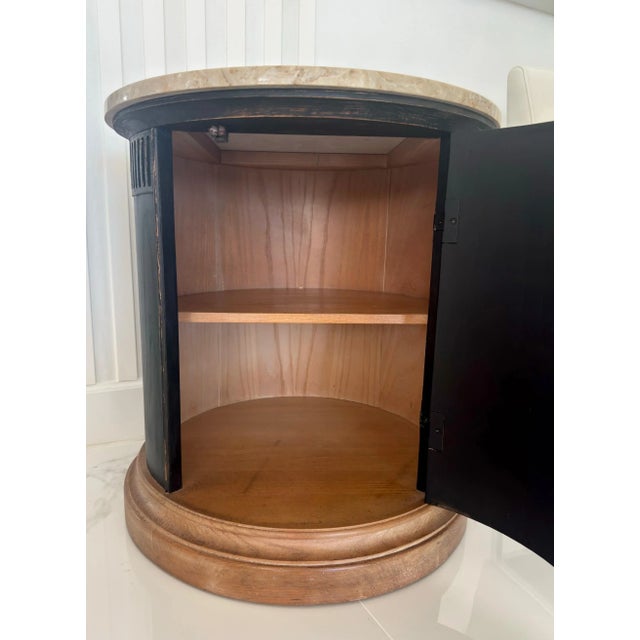 Hollywood Regency Round Black Marble-Top Cabinet With Brass Lion’s Head Pull For Sale - Image 3 of 8