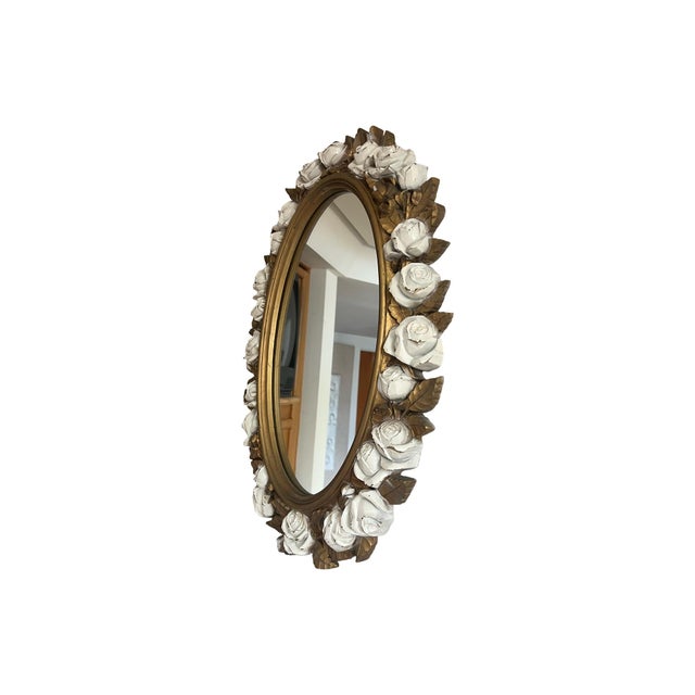 Hollywood Regency Vintage Mid Century 1970s Homco White Rose Regency Gold Flower Mirror Oval Syroco Style For Sale - Image 3 of 12