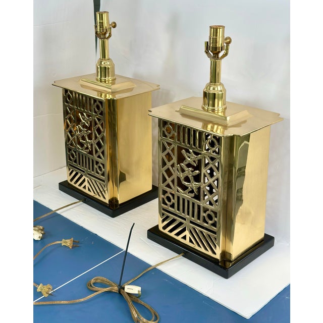1980s 1980s Art Deco Sarreid Lacquered Brass Lattice Table Lamps – a Pair For Sale - Image 5 of 11