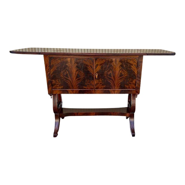 American Classical Style Lyre Base Flame Mahogany Drop-Leaf Server Cabinet For Sale