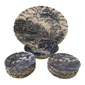 Mid 20th Century Myott Royal Mail Blue Staffordshire Ware Made in England Plates - Set of 18