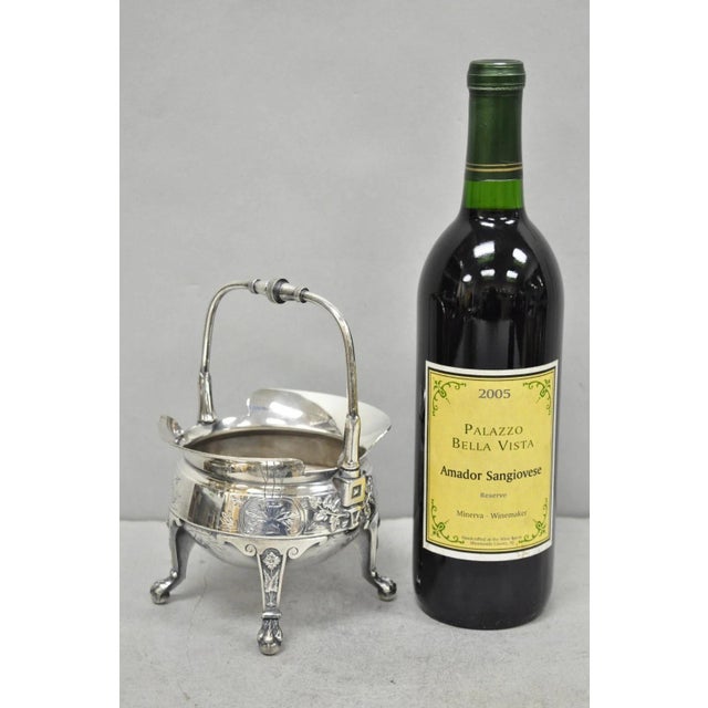 Antique John Carrow English Regency Silver Plated Paw Foot Floral Etched Sugar Bowl with Handle. Circa Early 20th Century....