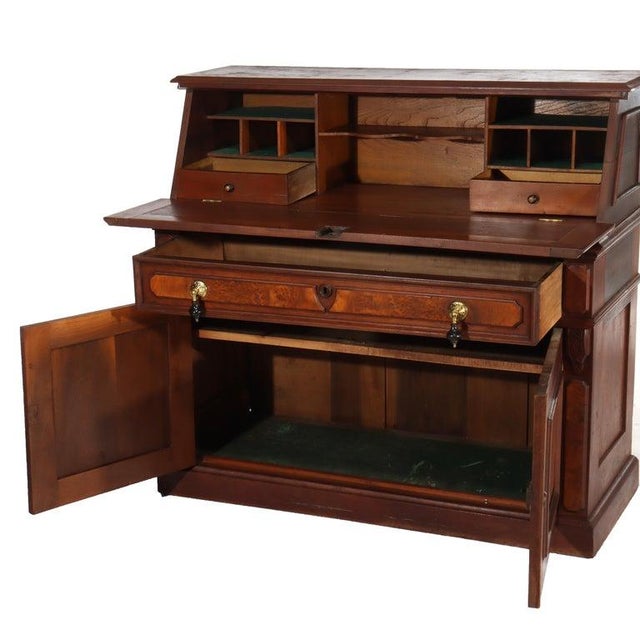 Antique Walnut & Burl Drop Front Desk With Teardrop Pulls C1890 Measures - 40 5/8" x 44 3/8" x 19 3/4" This antique desk,...