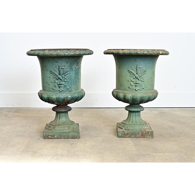French Pair of 19th Century Cast Iron Urn Planters For Sale - Image 11 of 14