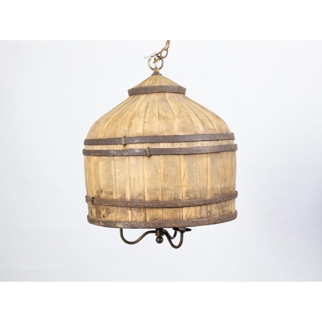 English Vintage English Rustic Wooden Barrel Light Fixture with Three Scrolling Arms For Sale - Image 3 of 10