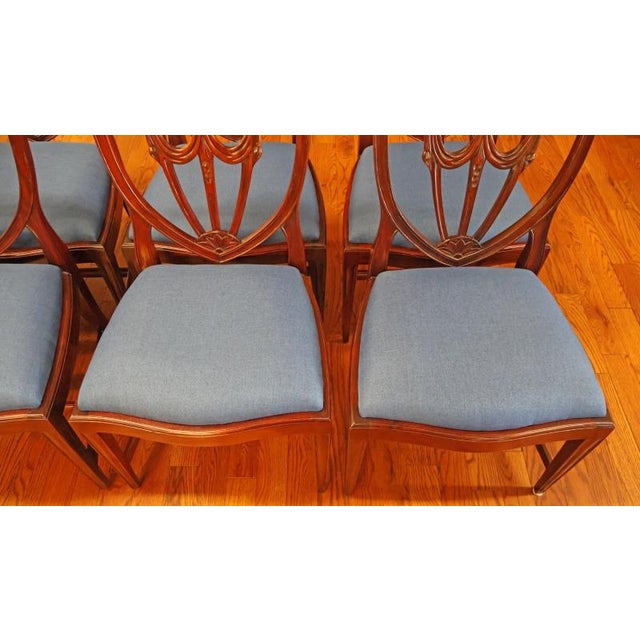 1990s Set of 8 Regency Style Solid Mahogany Fleur-De-Lis Blue Fabric Dining Chairs For Sale - Image 12 of 18