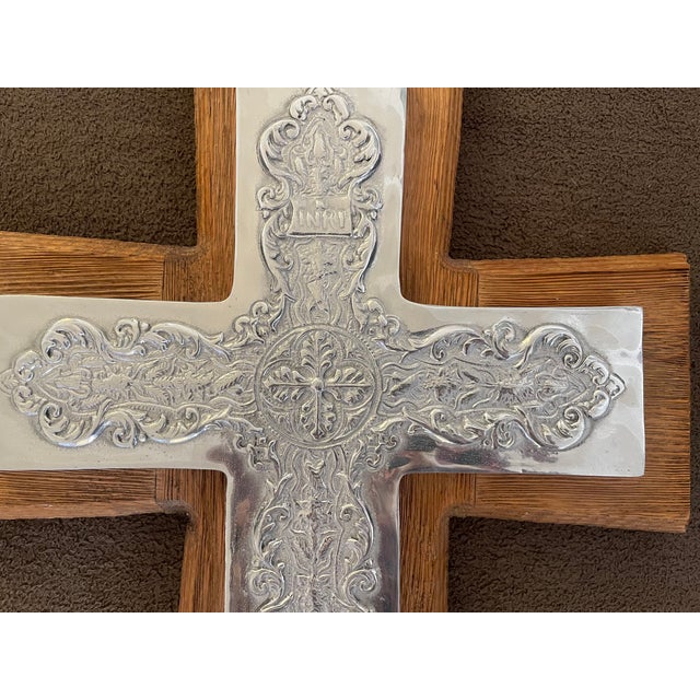 Large wooden wall Cross with ornate silver overlay. The Cross was part of the decor in our Santa Fe, New Mexico family...