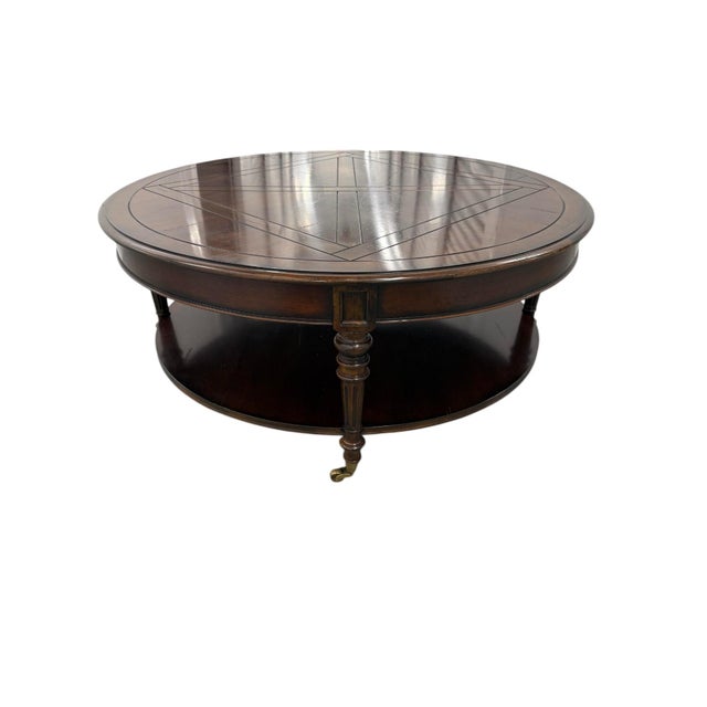 Brown Inlay Wood Round Two-Tier Coffee Table on Brass Casters For Sale - Image 8 of 9
