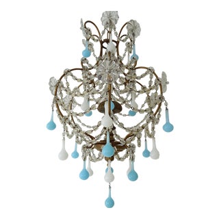 Opaline Blue and White Murano Drops Crystal Swags Chandelier, Circa 1920 For Sale