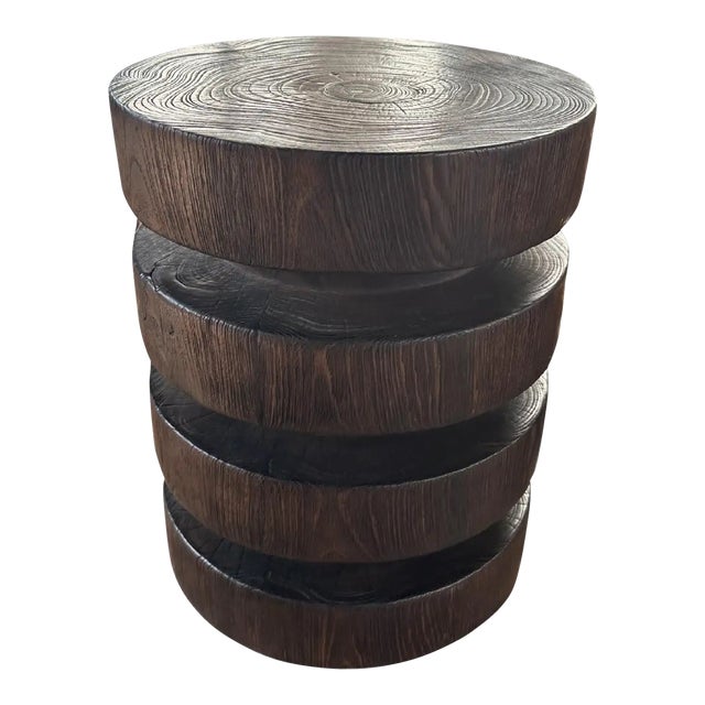 Round Teak Wood Side Table, Burnt Finish, Layered Design, Modern Organic For Sale