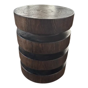 Round Teak Wood Side Table, Burnt Finish, Layered Design, Modern Organic