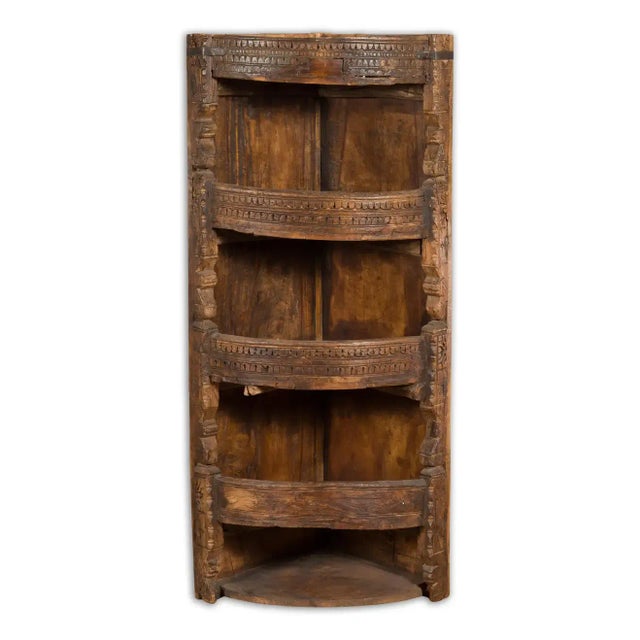 19th Century Rustic Indian 19th Century Corner Cabinet with Carved Motifs and Shelves For Sale - Image 5 of 13