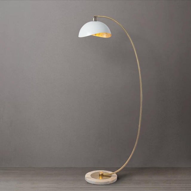 Mid-Century Modern Luna Bella Chairside Arc Floor Lamp - 60", Matte White/Gold-Leaf Shade, Weathered Brass, Marble Base, Floor Dimmer For Sale - Image 3 of 17