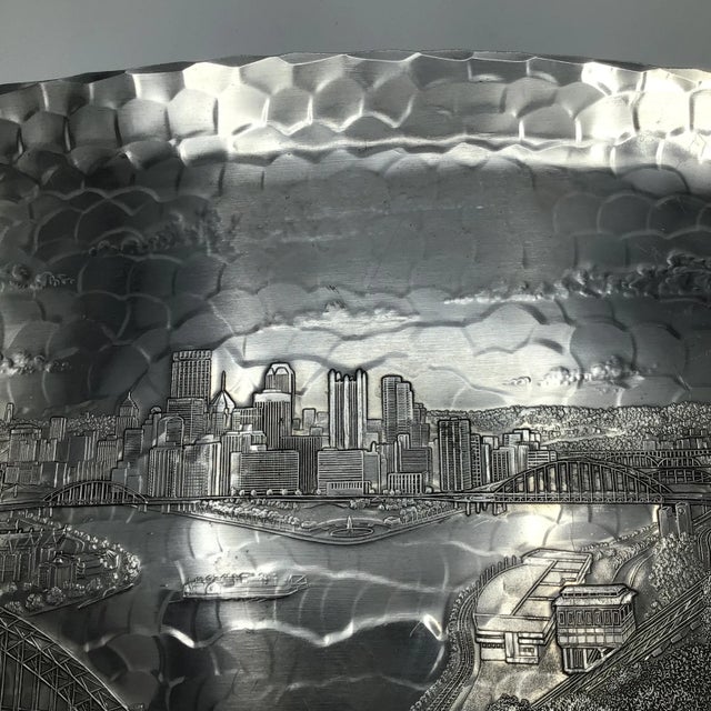 Silver “Wendell August Forge” Hammered Aluminum My Hometown Pittsburgh Pa. Skyline Tray For Sale - Image 8 of 13