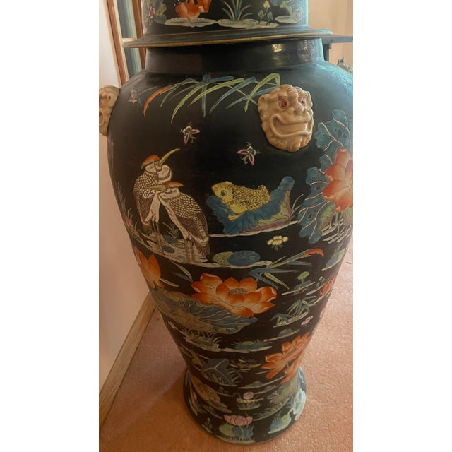 Chinoiserie Monumental Famille Noire Palace Jars W/ Lids Foo Dogs For Sale - Image 3 of 5